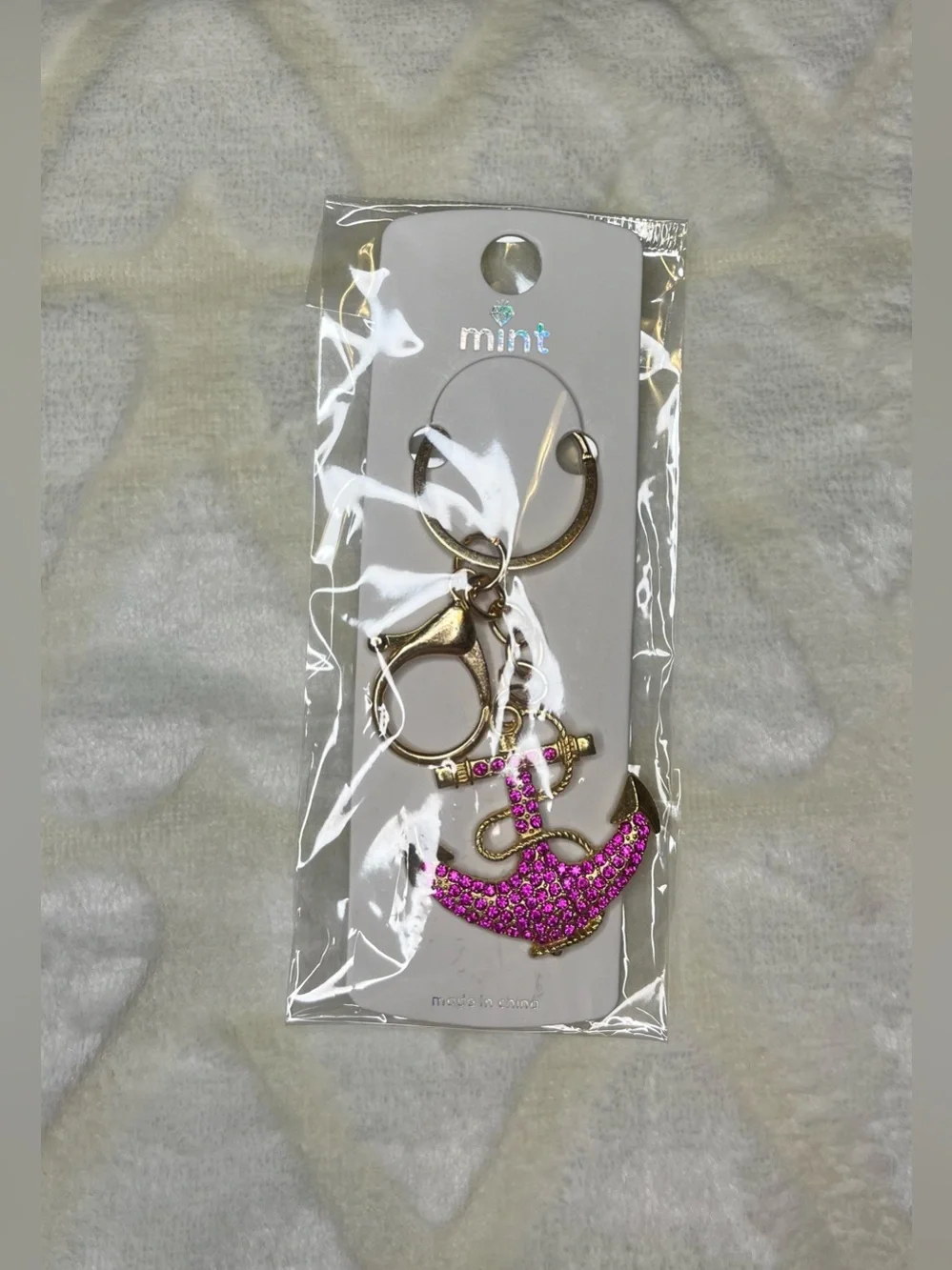 Mint Gold-Tone Anchor Keychain Bag Charm with Pink Crystals